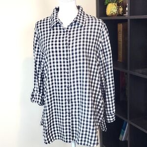 SERENGETI Black White Gingham Check Flannel Roll-Tab Sleeve Button Down